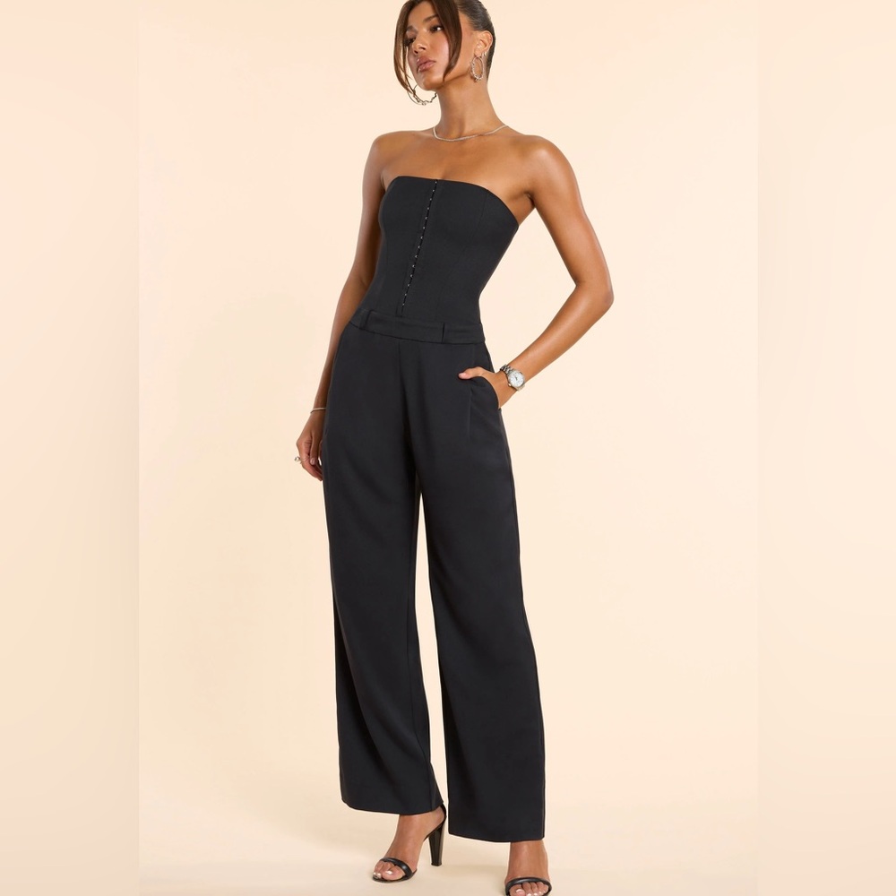 Brushed Twill Bandeau Corset Jumpsuit in Black